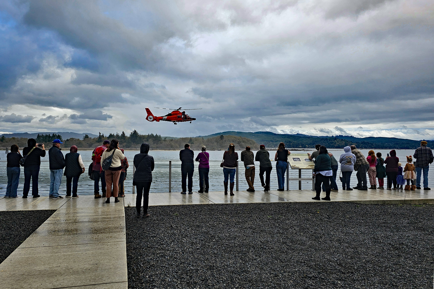 Coast Guard chopper doing rescue display